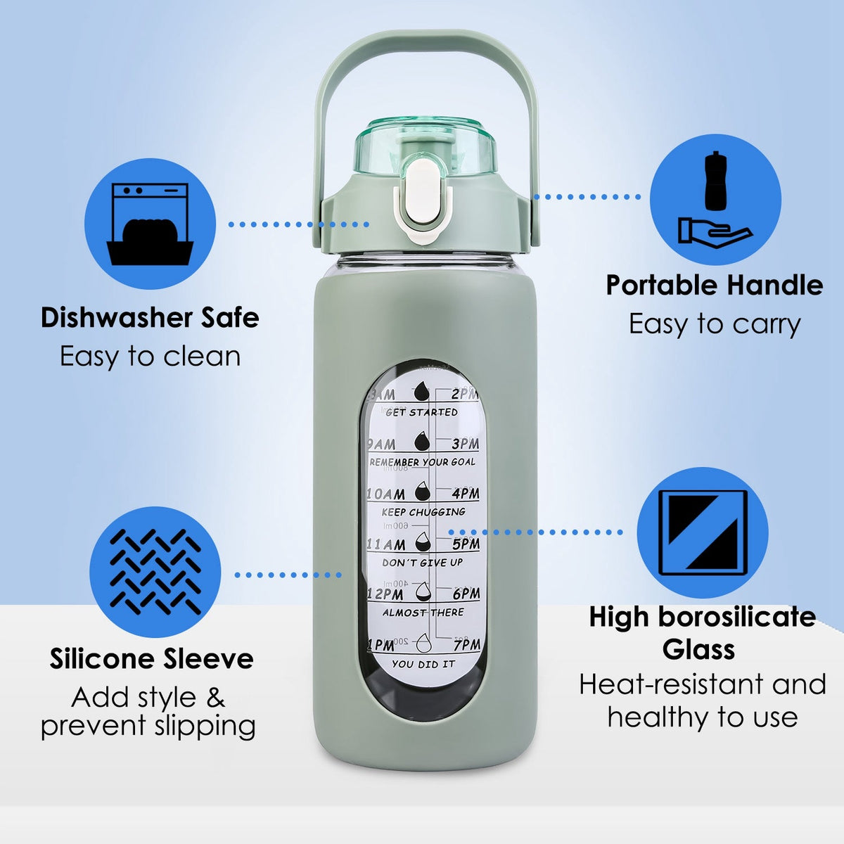 34Oz Glass Water Bottle Sports Water Bottle Motivational Water Bottle Water Intake Tracker Bottle with Straw Time Marker Silicone Sleeve Handle for Gy