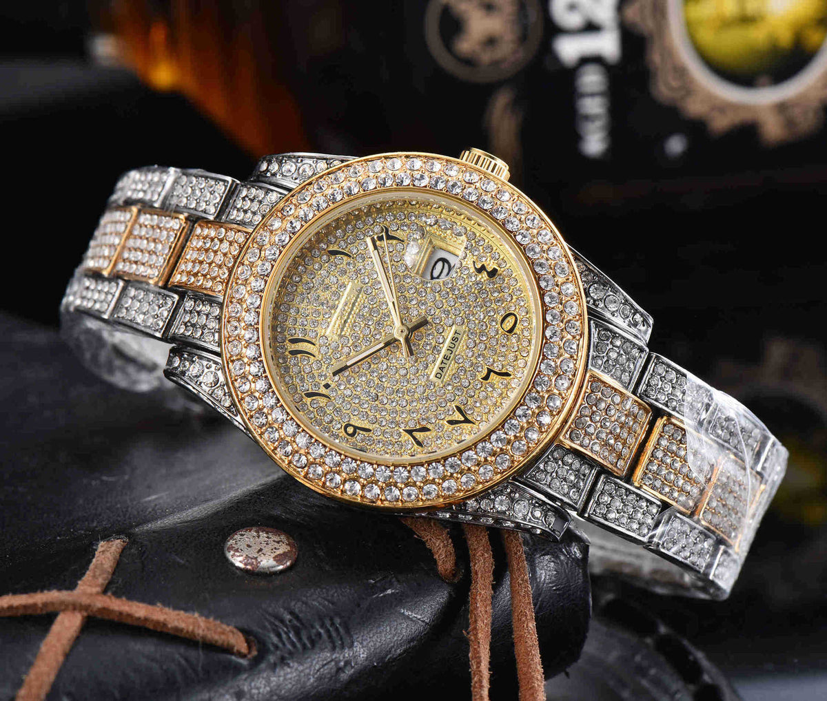 Mens All-Diamond Stainless Steel Quartz Watch