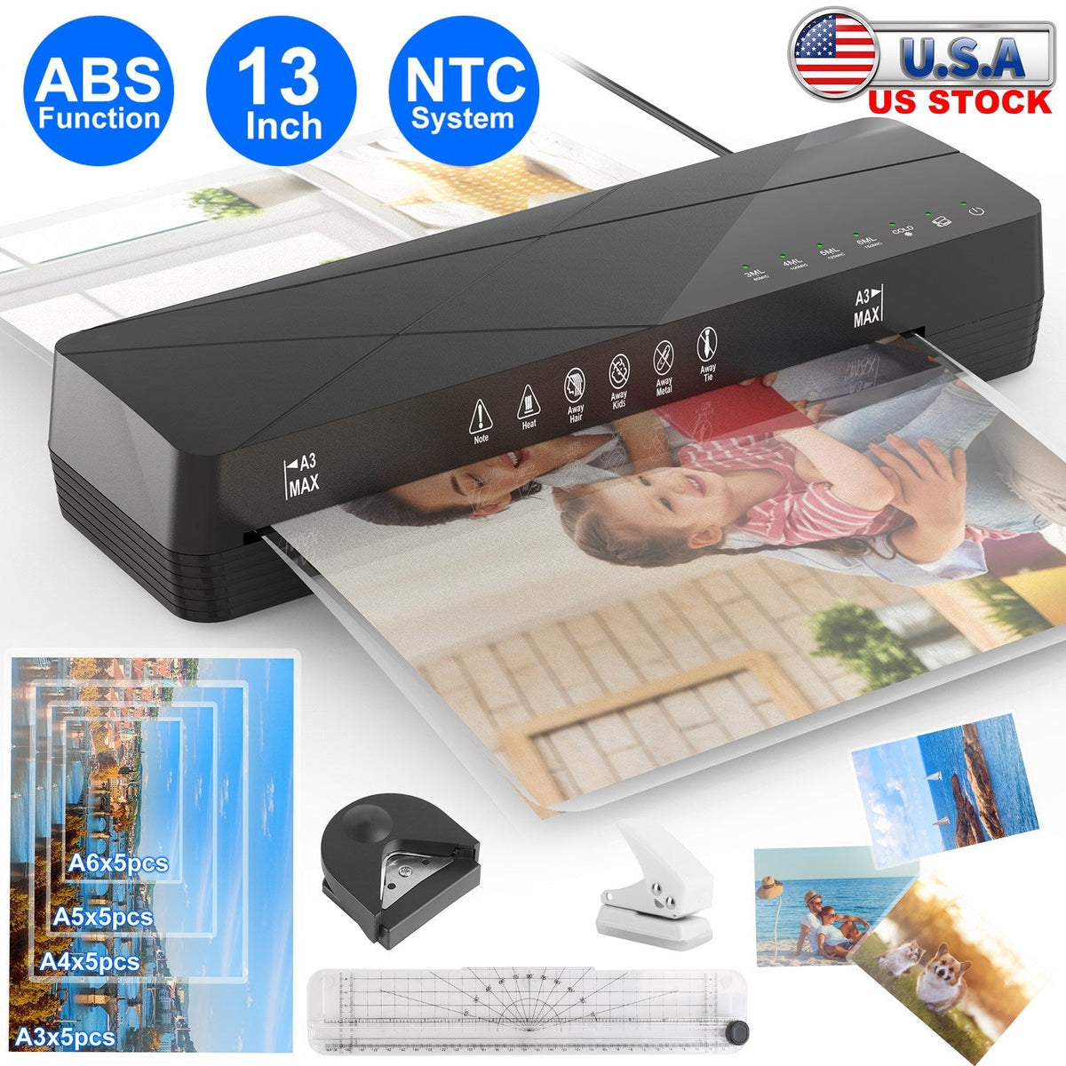 13Inch Laminator Machine Hot And Cold Mode A4 Personal Thermal Laminator With ABS Function 60S Warm-Up Time 30Mins Auto-Off for Home Office School Bus