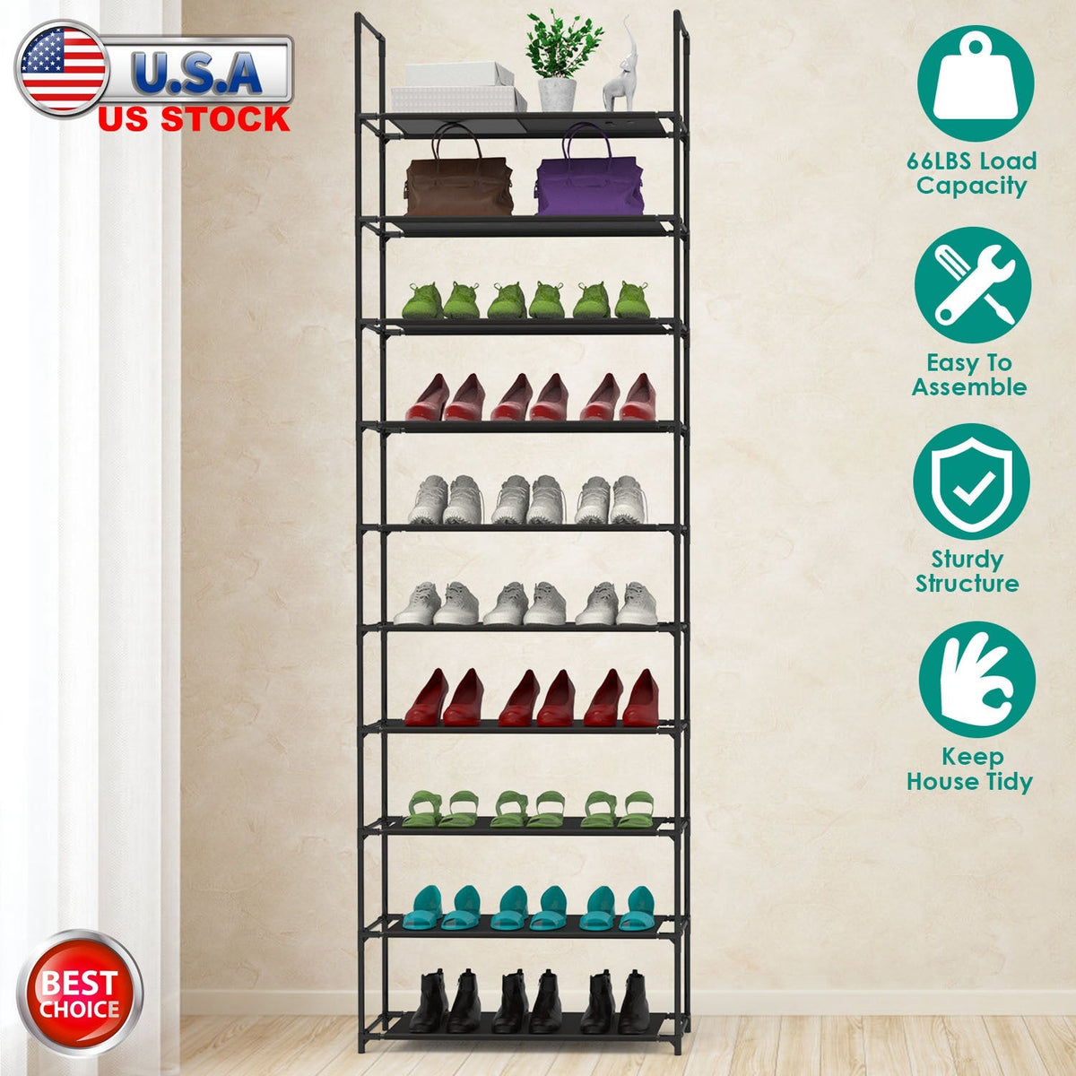 10-Tier Shoe Rack Organizer for Hallways and Closets