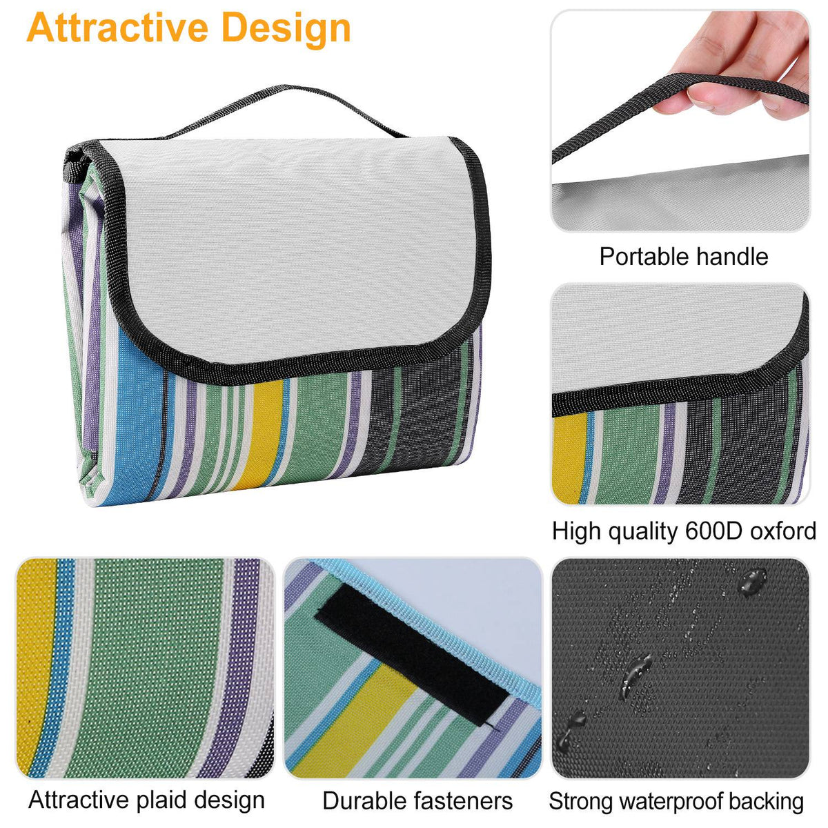 Manta de picnic impermeable de 60" x 78", alfombra plegable para acampar con correa, ideal para camping, senderismo, césped y viajes