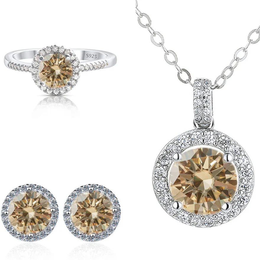6.5mm Moissanite 925 Sterling Silver Bridal Jewelry Set Ring Earring Pendant