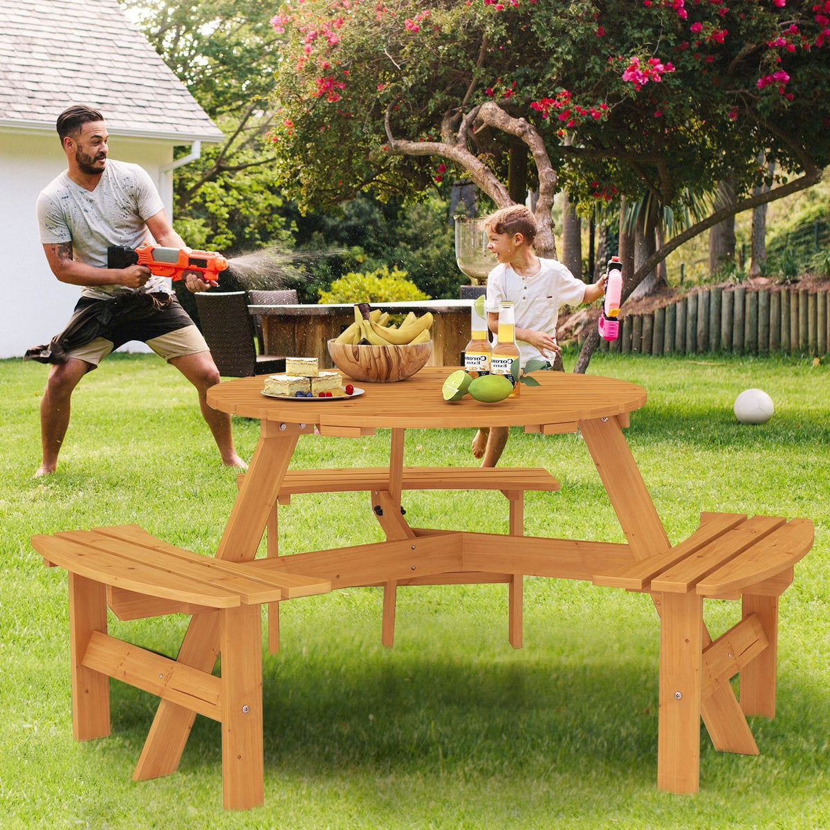 6-Person Round Picnic Table Set with 3 Built-in Benches and Umbrella Hole