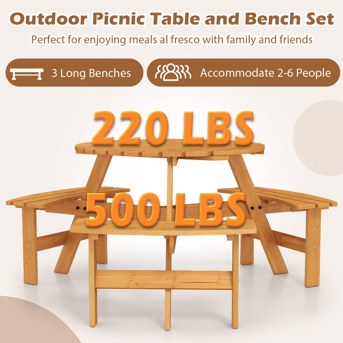 6-Person Round Picnic Table Set with 3 Built-in Benches and Umbrella Hole