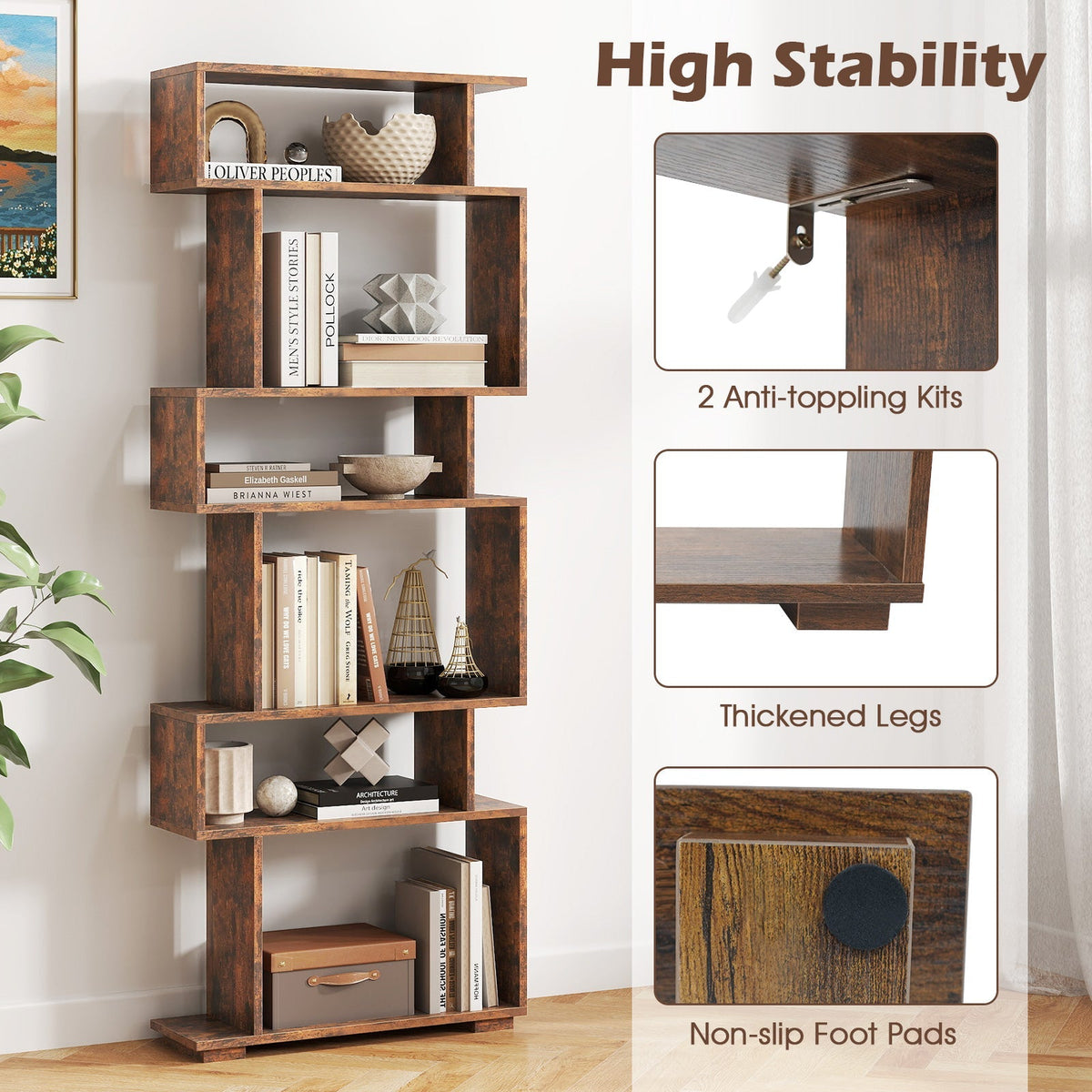 6-Tier Geometric Bookshelf with 2 Anti-Tipping Kits for Home Office