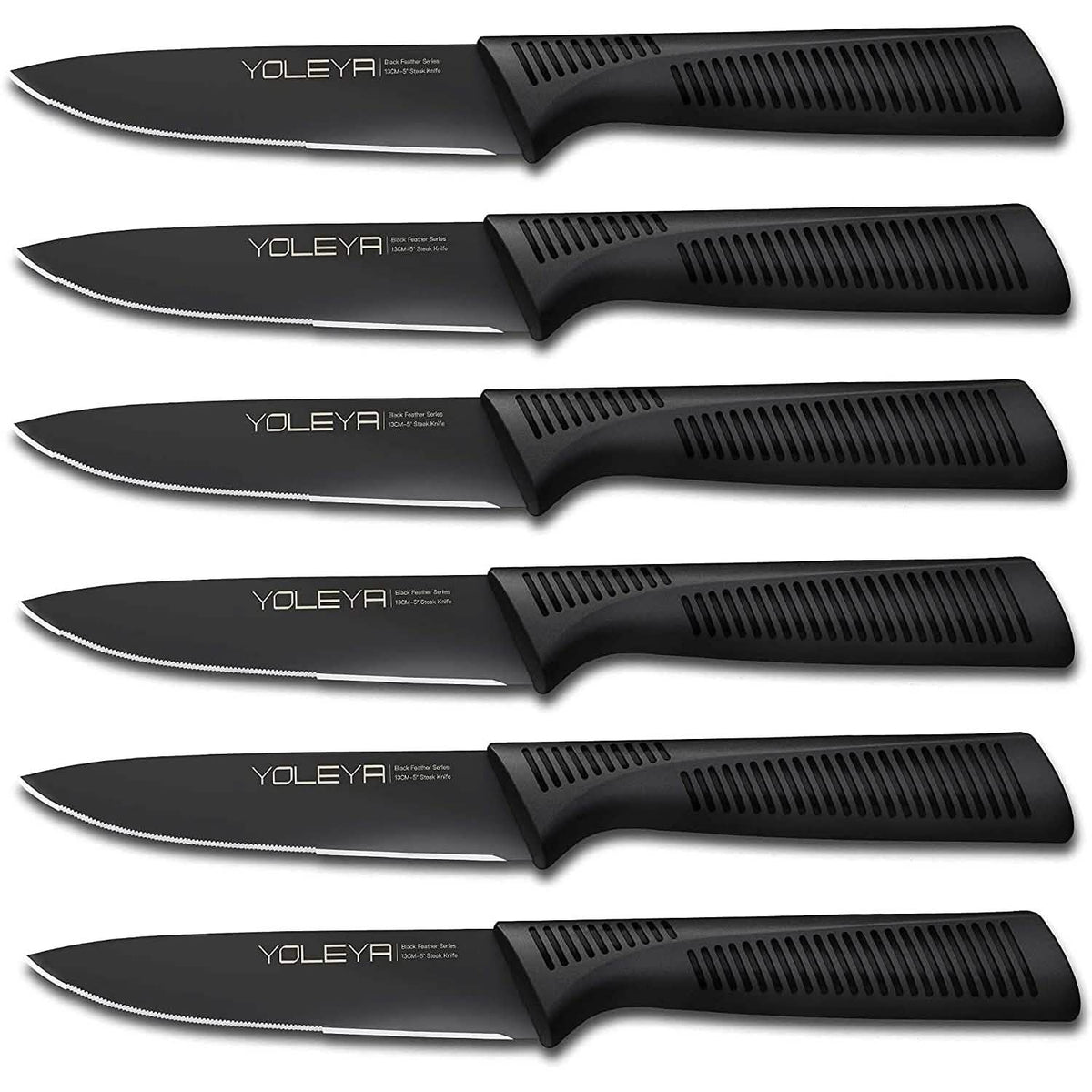 6-Pieces Set: YOLEYA High Carbon German Stainless Steel Black Serrated Steak Knife Set