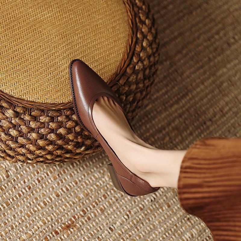Womens French-style Pointed-toe Low-cut Mid-heel Leather Shoes