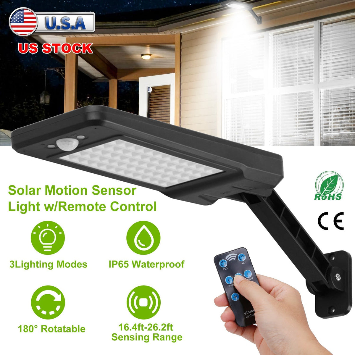 Solar Wall Light Outdoor 60LEDs PIR Motion Sensor Remote Control Wireless Lamps IP65 Waterproof Lighting for Garage Front Door Garden Pathway