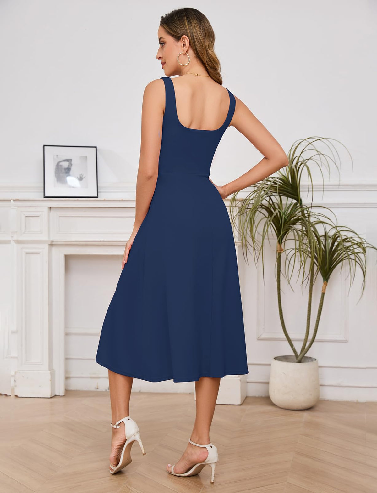 Vestido midi de mujer Gardenwed con cuello cuadrado, sin mangas, con abertura para cóctel, azul marino, M