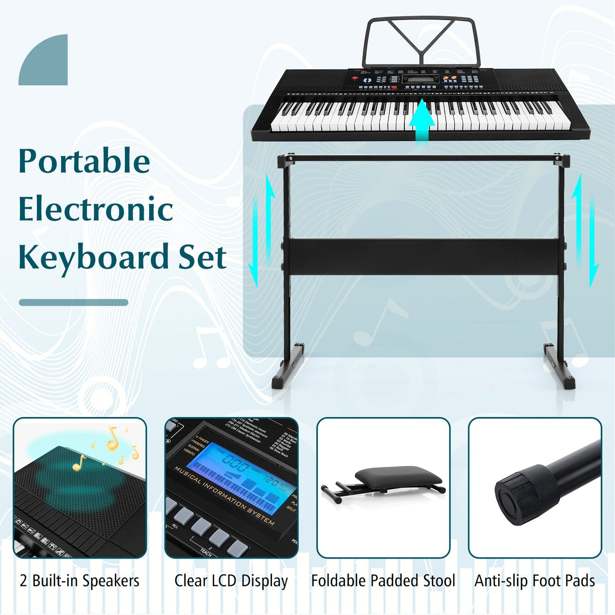 Set de piano de teclado electrónico de 61 teclas para principiantes con soporte, banqueta y auriculares