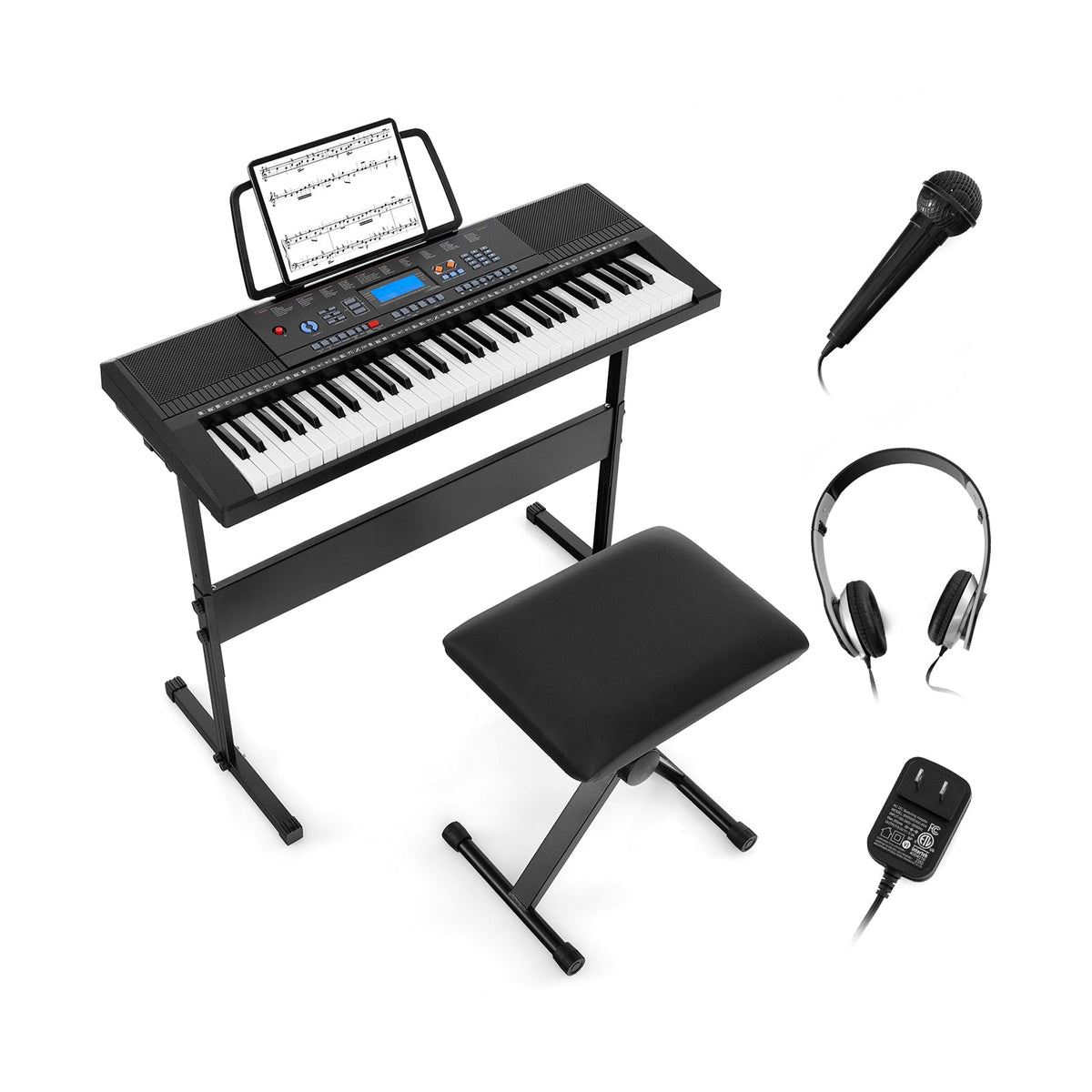 Set de piano de teclado electrónico de 61 teclas para principiantes con soporte, banqueta y auriculares