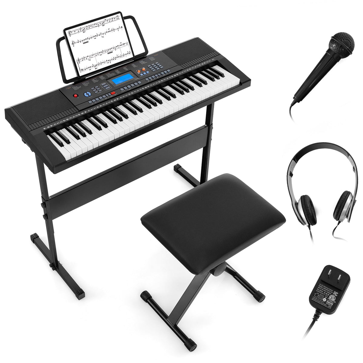 Set de piano de teclado electrónico de 61 teclas para principiantes con soporte, banqueta y auriculares