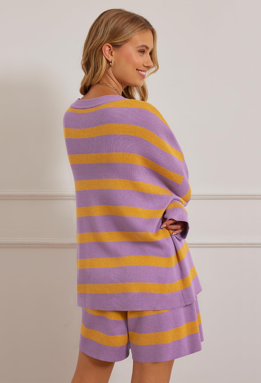 MEROKEETY Conjunto de 2 piezas de suéter para mujer, rayas, manga larga, shorts, morado, talla S