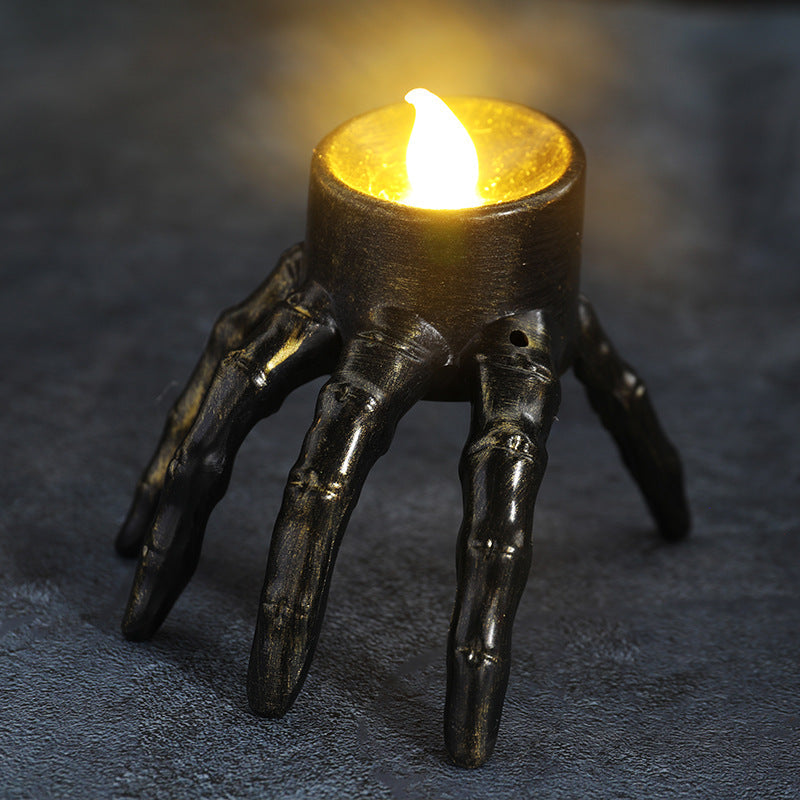 Linterna de mano de calavera de Halloween, accesorios de decoración para ambiente, linterna de noche con pie de calavera, linterna de vela de Halloween