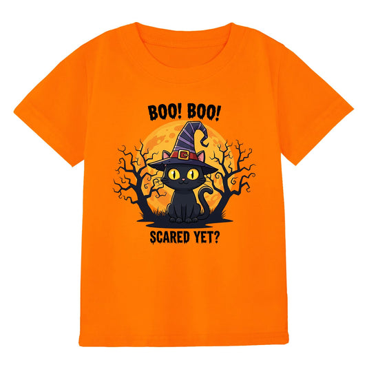 HELLO MEOW Halloween Boys T Shirt Orange Black Cat Size 4-5T