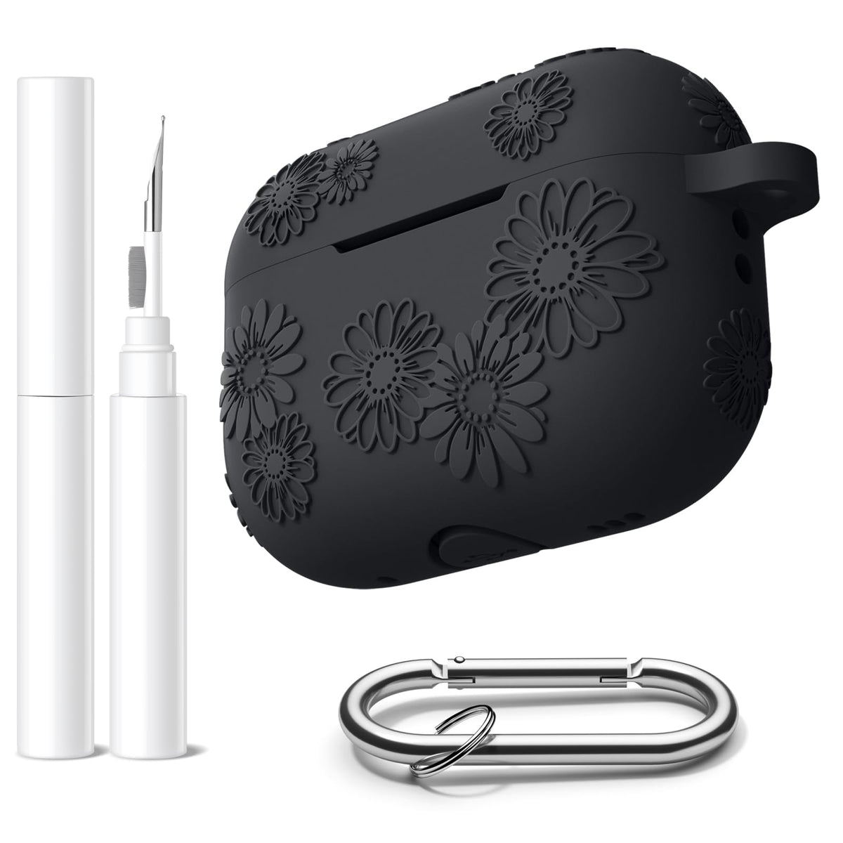 Funda de silicona Adorve para AirPods Pro 2 con grabado de flores, color negro, LED frontal visible