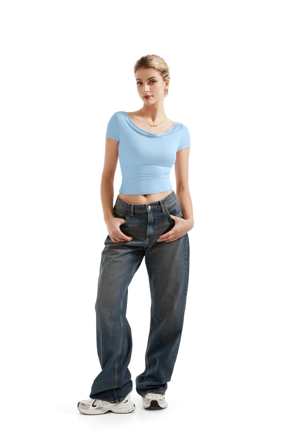 SUUKSESS Women Off Shoulder Cowl Neck Short Sleeve Top Light Blue Size M