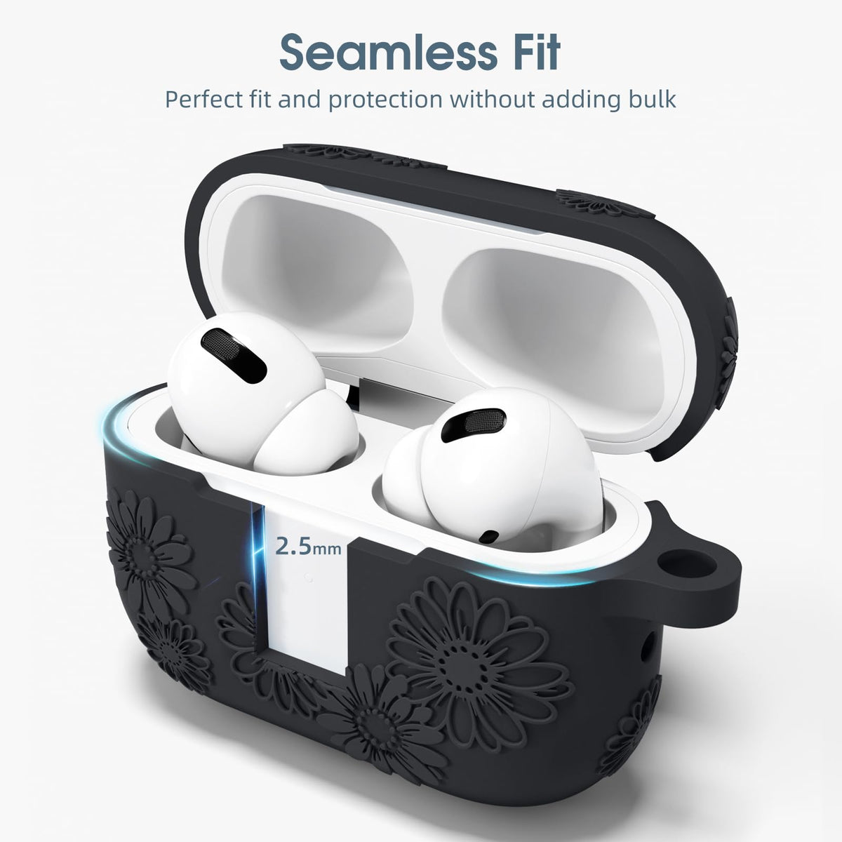 Funda de silicona Adorve para AirPods Pro 2 con grabado de flores, color negro, LED frontal visible