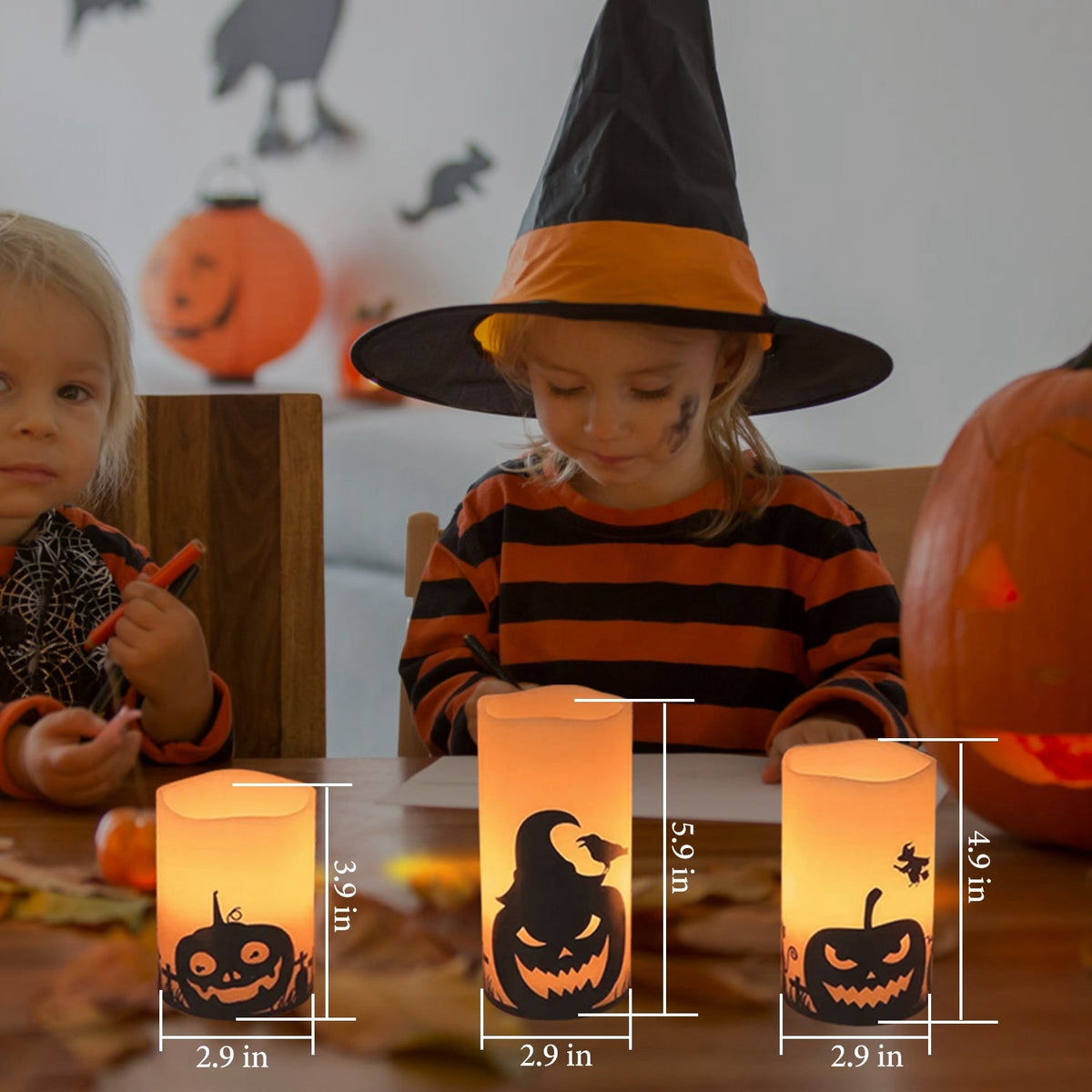 3 Pack Halloween Flameless Candle Lamp with Timer Setting Battery Powered Warm Orange Light Candles for Halloween Party Decoration Pumpkin Crow Bat