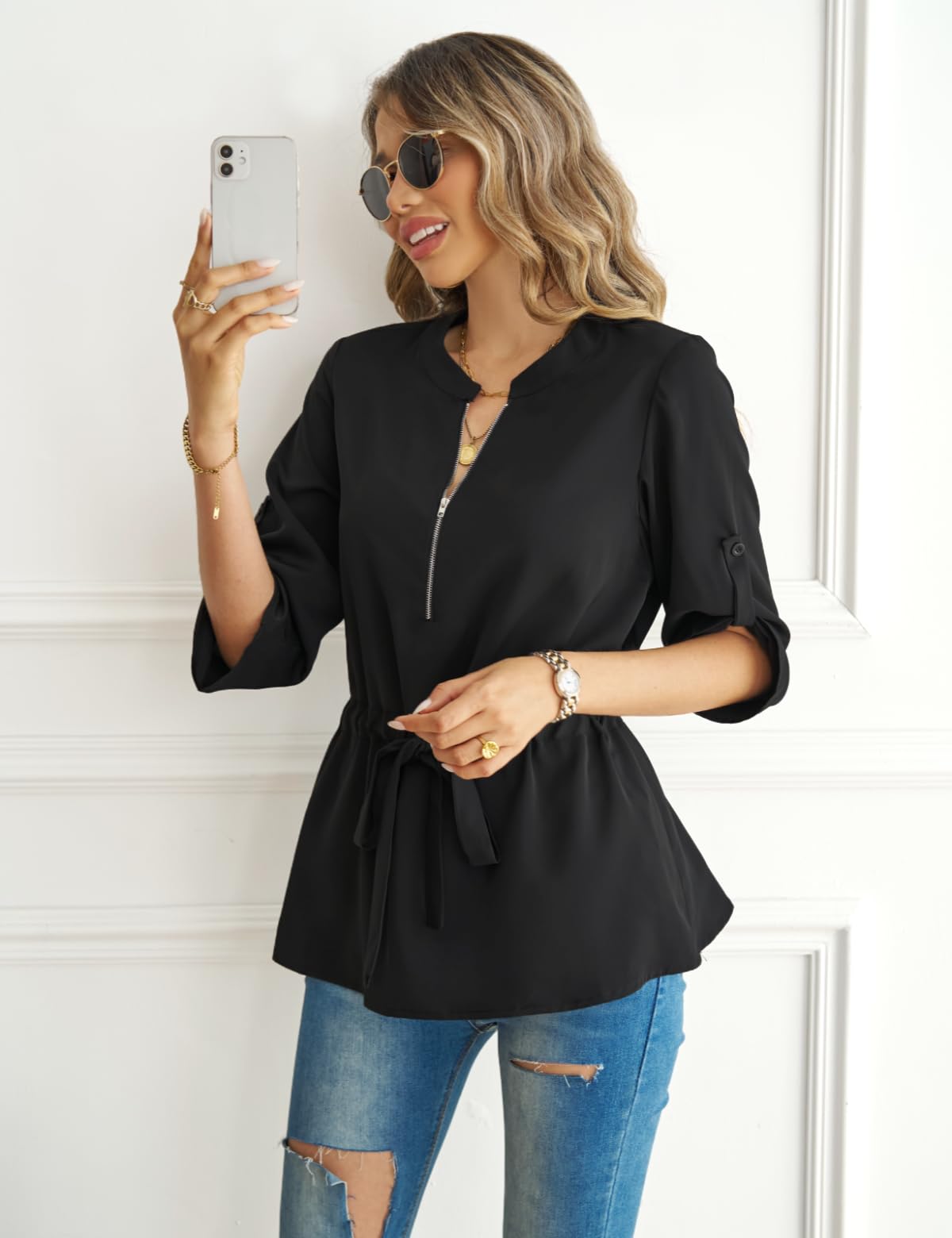 Blusa peplum elegante de manga 3/4 con cremallera para mujer CiCiBird, color negro, talla S
