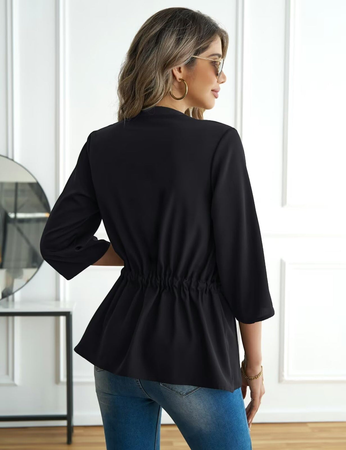Blusa peplum elegante de manga 3/4 con cremallera para mujer CiCiBird, color negro, talla S