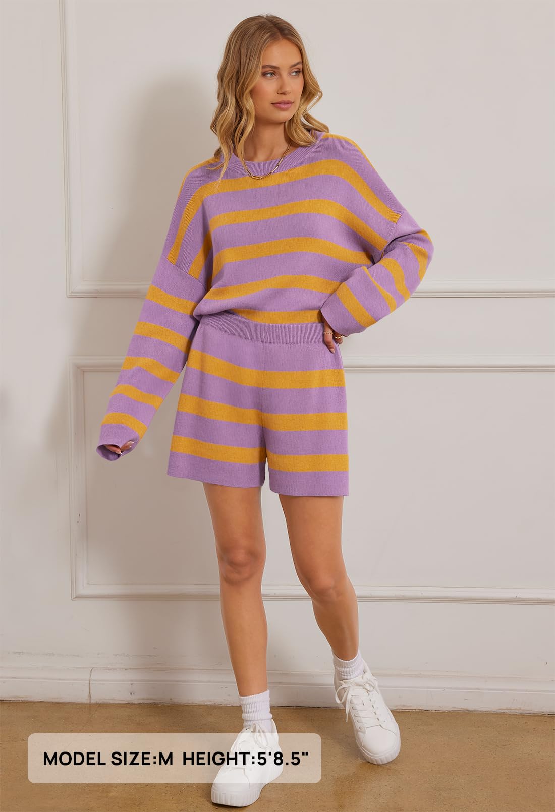 MEROKEETY Conjunto de 2 piezas de suéter para mujer, rayas, manga larga, shorts, morado, talla S