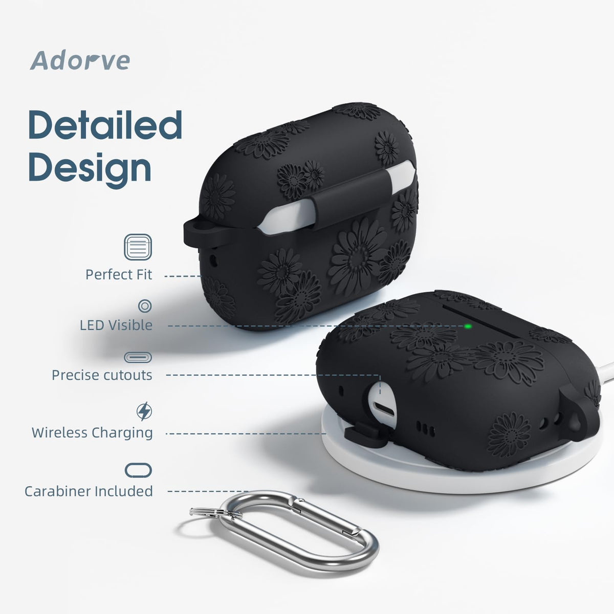 Funda de silicona Adorve para AirPods Pro 2 con grabado de flores, color negro, LED frontal visible