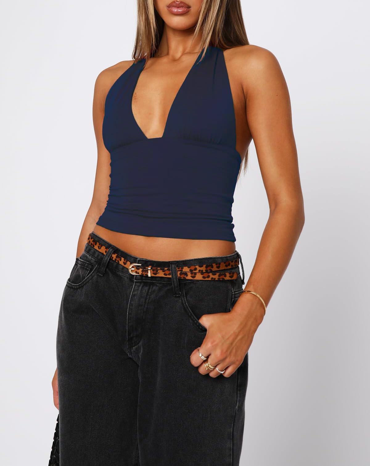 Camiseta corta sin espalda con cuello halter para mujer TiulZial, azul marino, talla M