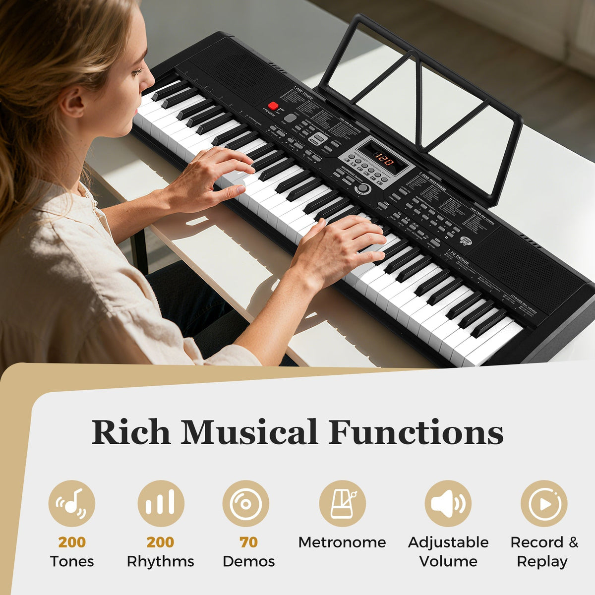 61 Keys Portable Keyboard for Beginners Electric Piano Keyboard Kit with 200 Rhythms and 200 Tones-Black