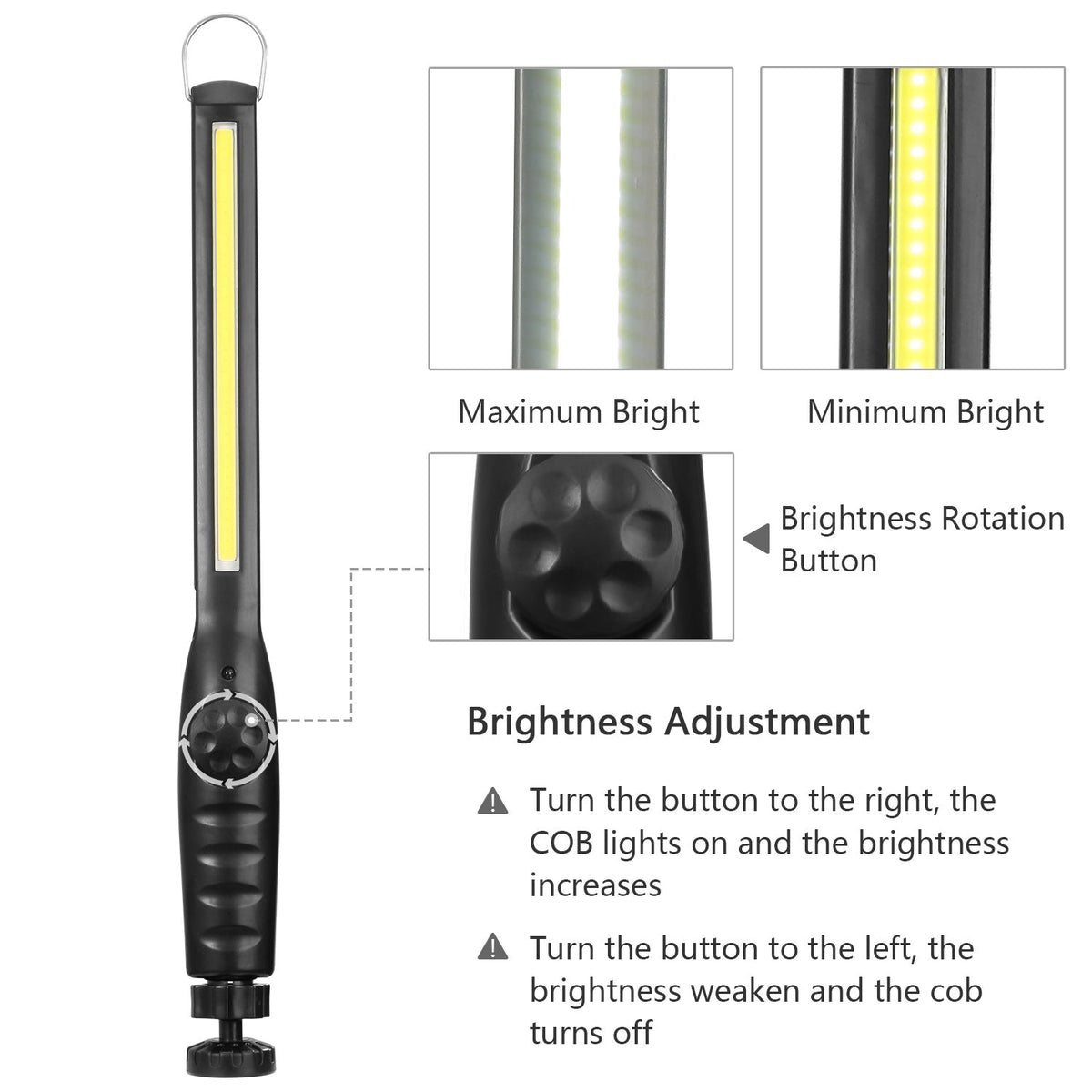 COB Work Light IPX4 Handheld Emergency LED Lamp Dimmable Magnetic Hook Night Light for Camping Adventure Repair Use