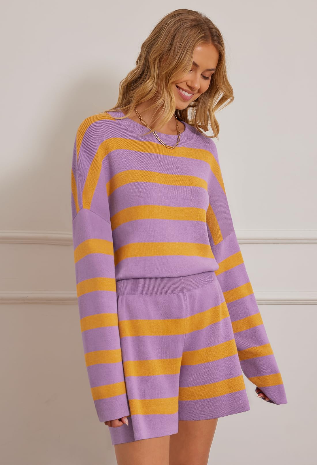 MEROKEETY Conjunto de 2 piezas de suéter para mujer, rayas, manga larga, shorts, morado, talla S