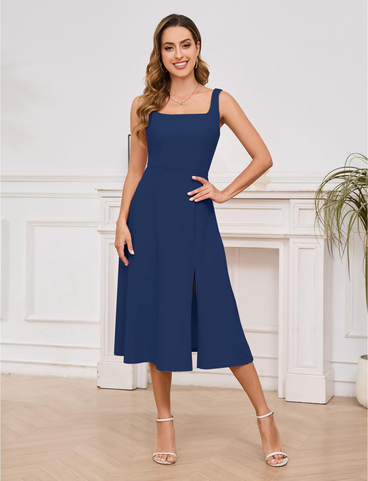 Vestido midi de mujer Gardenwed con cuello cuadrado, sin mangas, con abertura para cóctel, azul marino, M