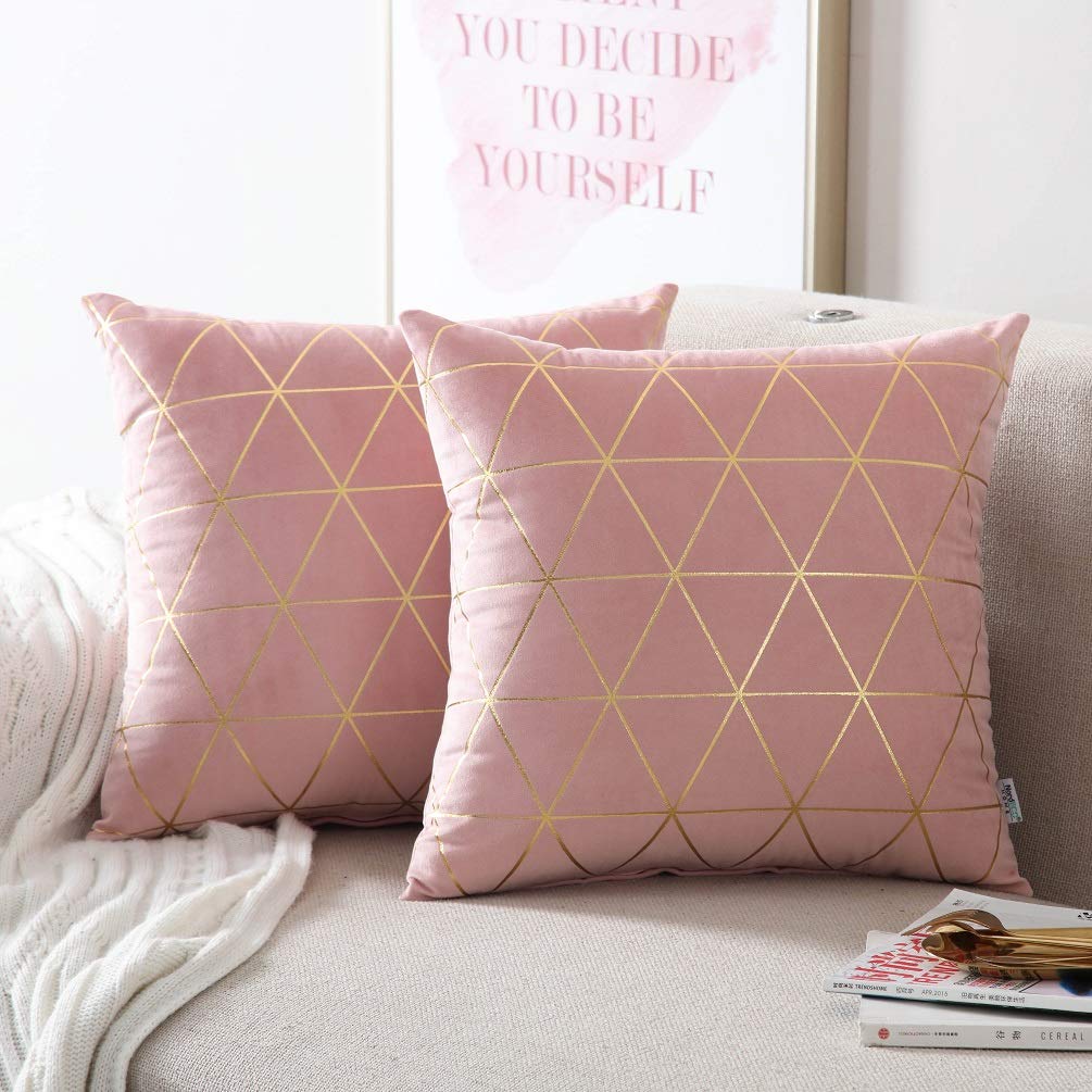 2 Throw Pillow Covers, Square Cushion Covers 18 x 18 in, Pink/Gold