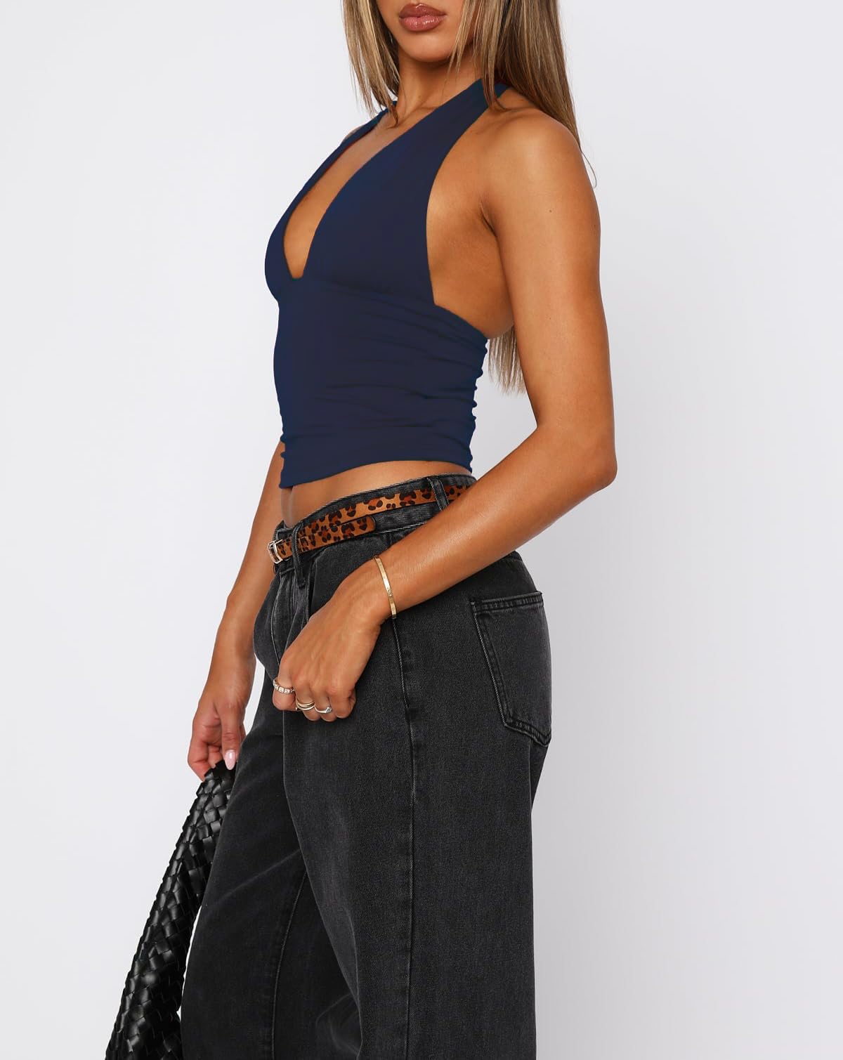 Camiseta corta sin espalda con cuello halter para mujer TiulZial, azul marino, talla M