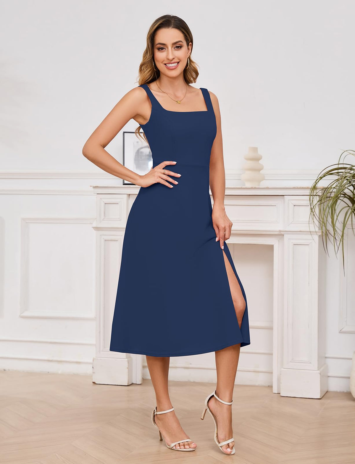 Vestido midi de mujer Gardenwed con cuello cuadrado, sin mangas, con abertura para cóctel, azul marino, M