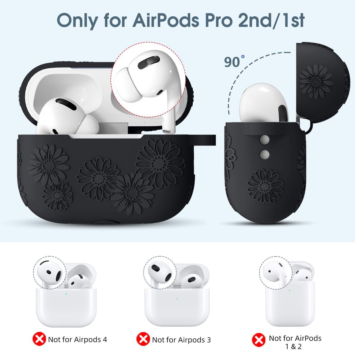 Funda de silicona Adorve para AirPods Pro 2 con grabado de flores, color negro, LED frontal visible