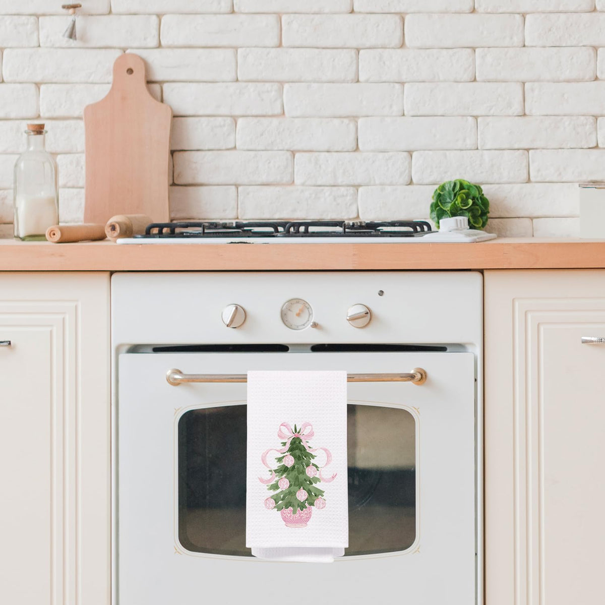 Juego de 2 paños de cocina navideños SPBL&L con diseño chinoiserie, árbol con lazo rosa, 16x24 pulgadas
