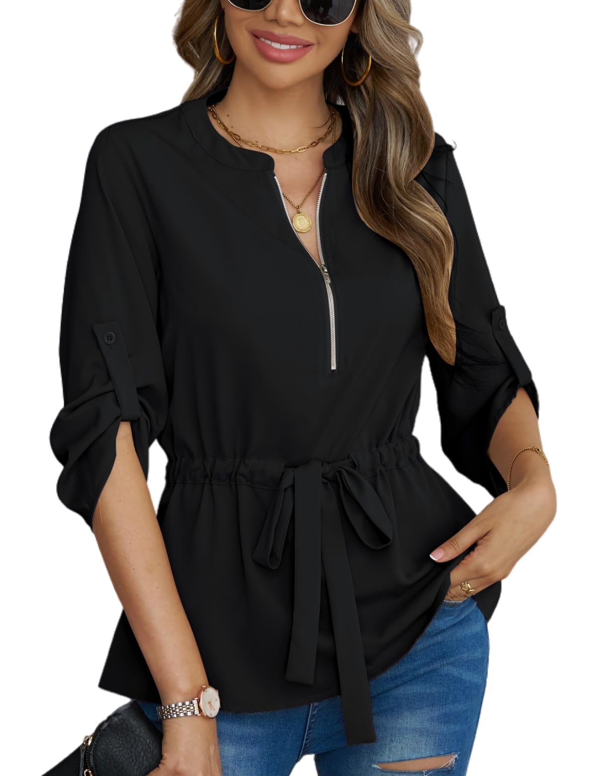 Blusa peplum elegante de manga 3/4 con cremallera para mujer CiCiBird, color negro, talla S