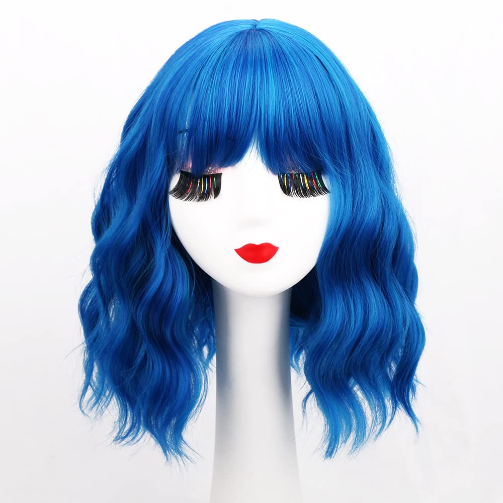 Blue Bob Wig with Bangs, Loose Wavy, Shoulder Length, Cosplay