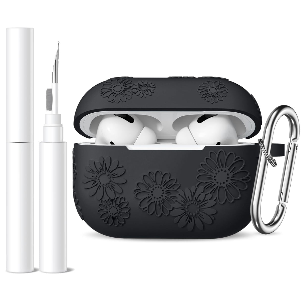 Funda de silicona Adorve para AirPods Pro 2 con grabado de flores, color negro, LED frontal visible