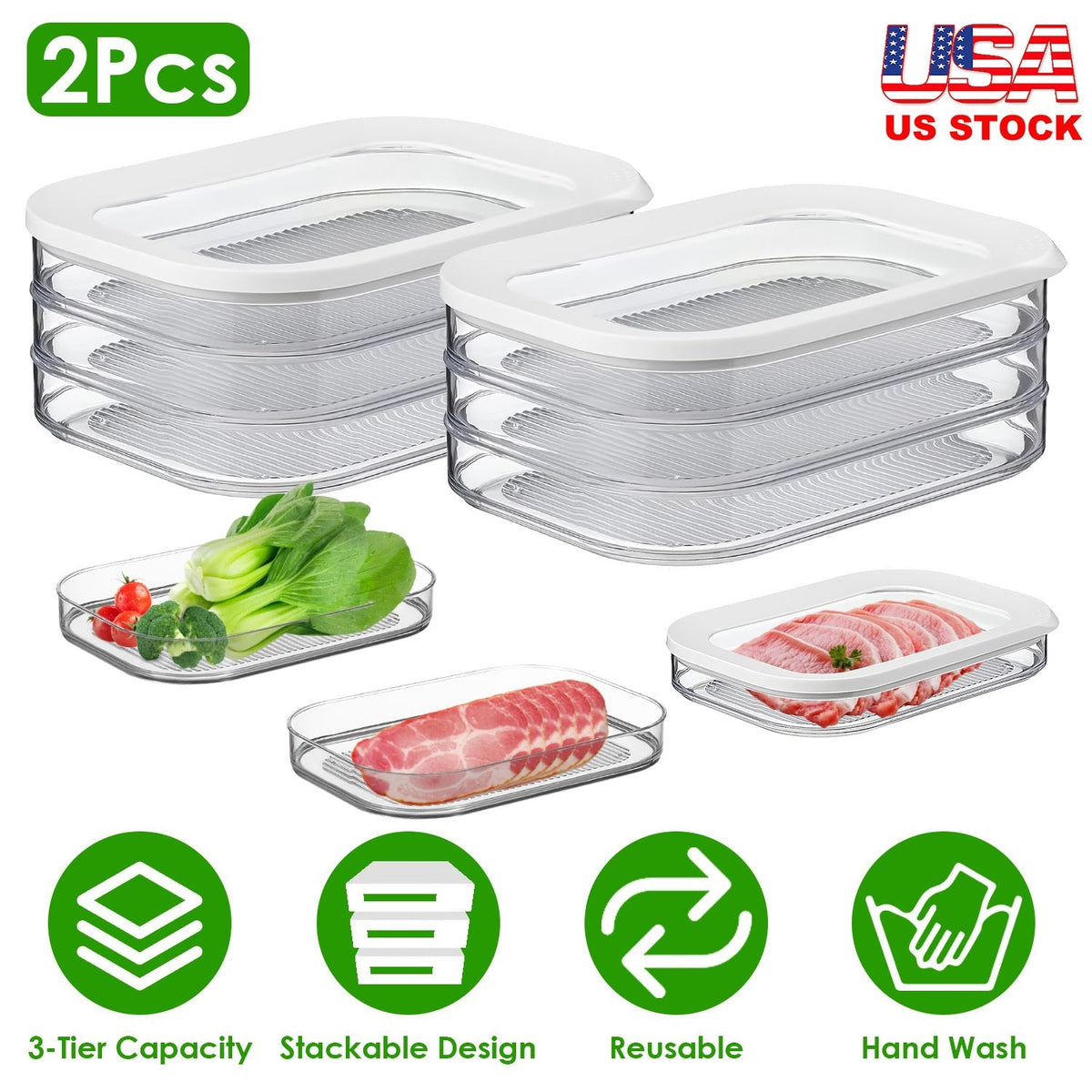 2Pcs Deli Meat Container With Lid for Fridge Stackable Bacon Container Clear Food Storage Box with Lid Meal Prep Container for Lunch Meat Salami Cold