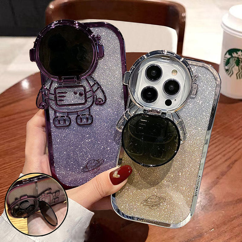 Glitter Astronaut Camera Stand Phone Case For I14 13 12 11 Pro Max XR 14 Plus Invisible Lens Bracket Plating Soft Cover