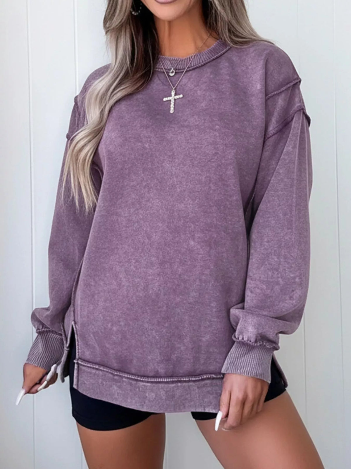 Wash Slit Round Neck Oversized Sweatshirt