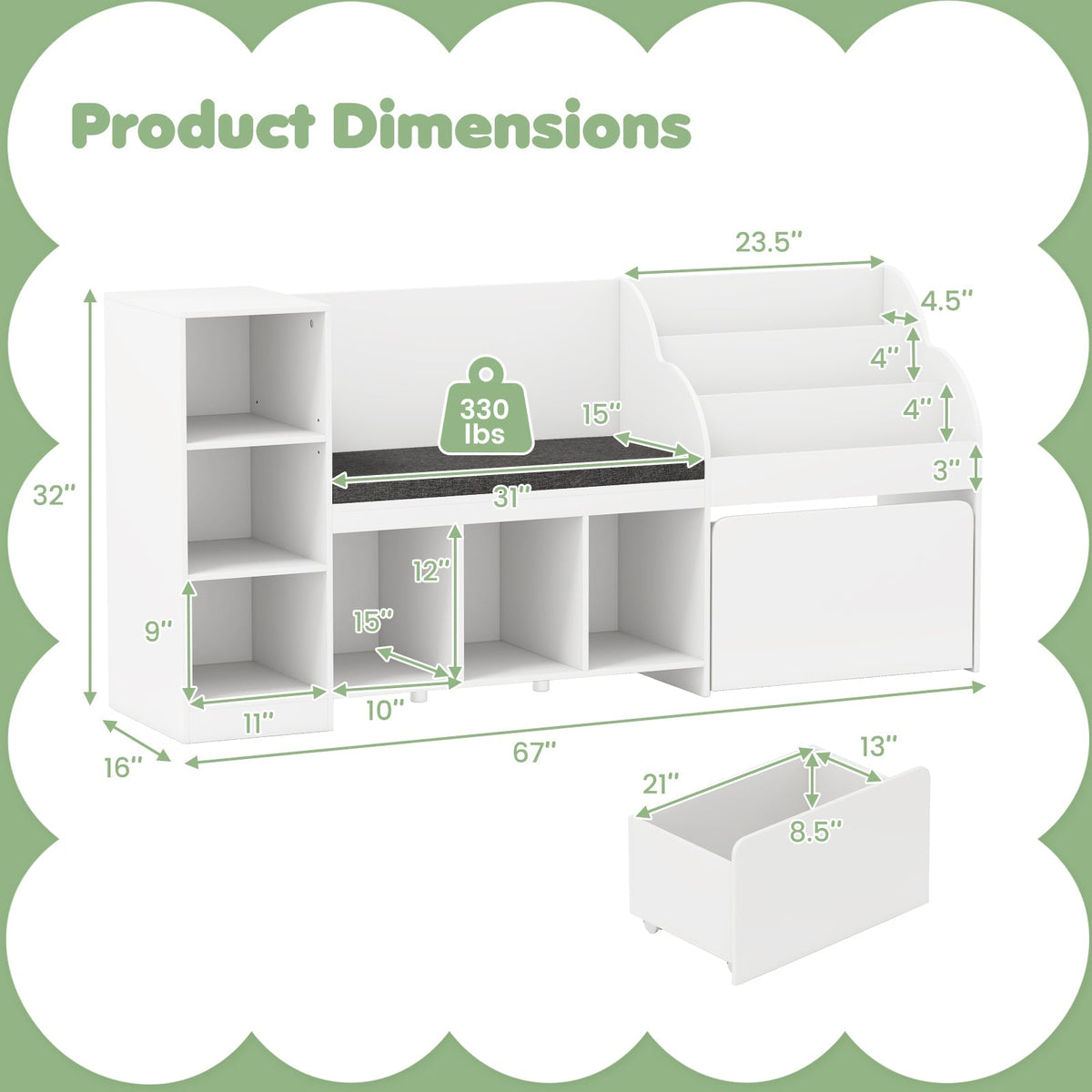 Kids Bookcase with Reading Nook 4-in-1 Standing Toy Organizer-White