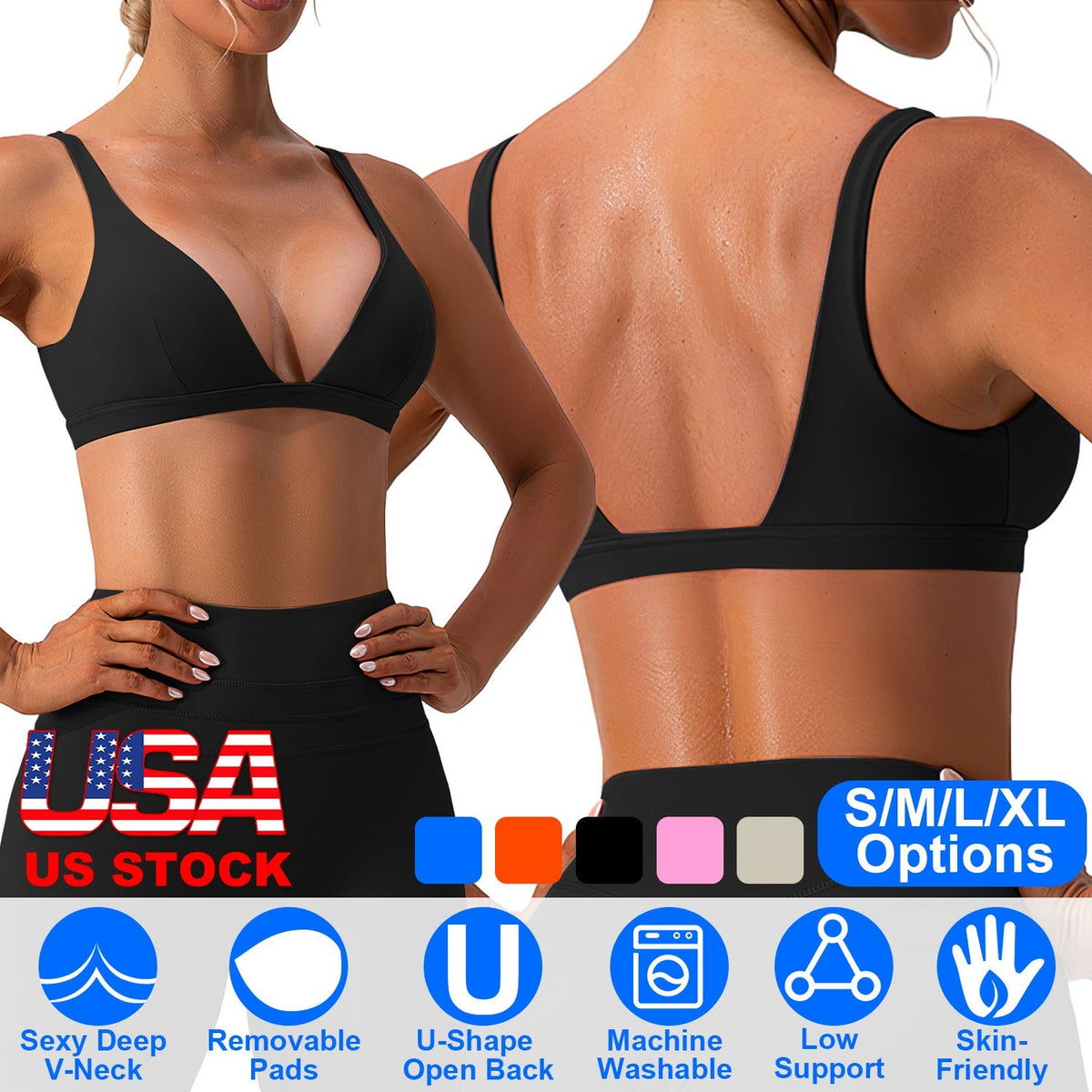 Sujetador deportivo con escote en V profundo para mujer para gimnasio - Comodidad de bajo impacto