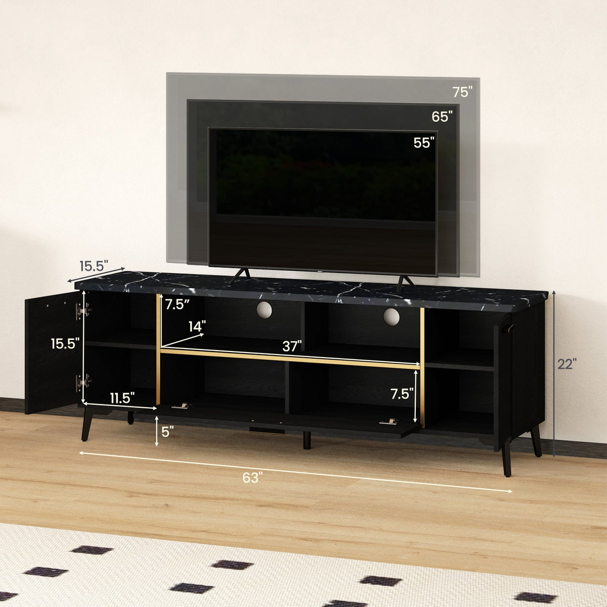 63 Inch TV Stand with Flip Door Cabinet for TVs up to 75 Inch-Black