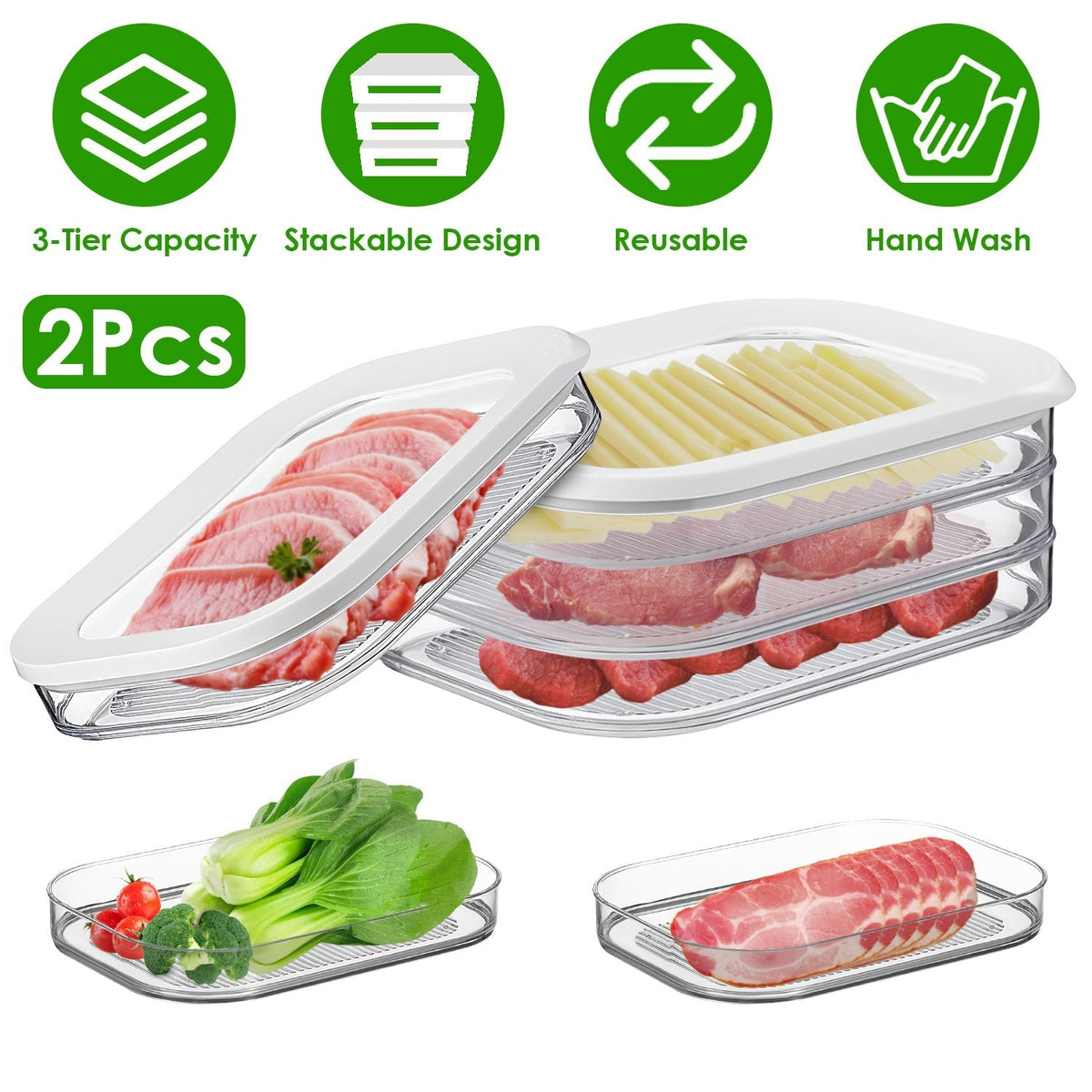 2Pcs Deli Meat Container With Lid for Fridge Stackable Bacon Container Clear Food Storage Box with Lid Meal Prep Container for Lunch Meat Salami Cold