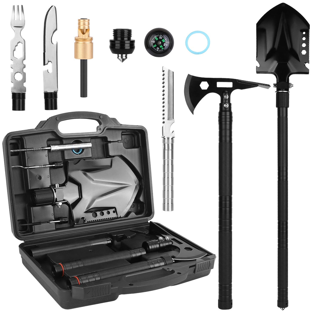 Multifunctional Shovel Axe Set Camping Survival Shovel Multitool Emergency Survival Gear with Extension Handles Carrying Box