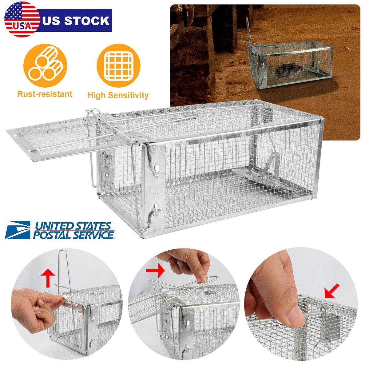 Rat Trap Cage Humane Live Rodent Trap Cage Galvanized Iron Mice Mouse Control Bait Catch with Detachable U Shaped Rod