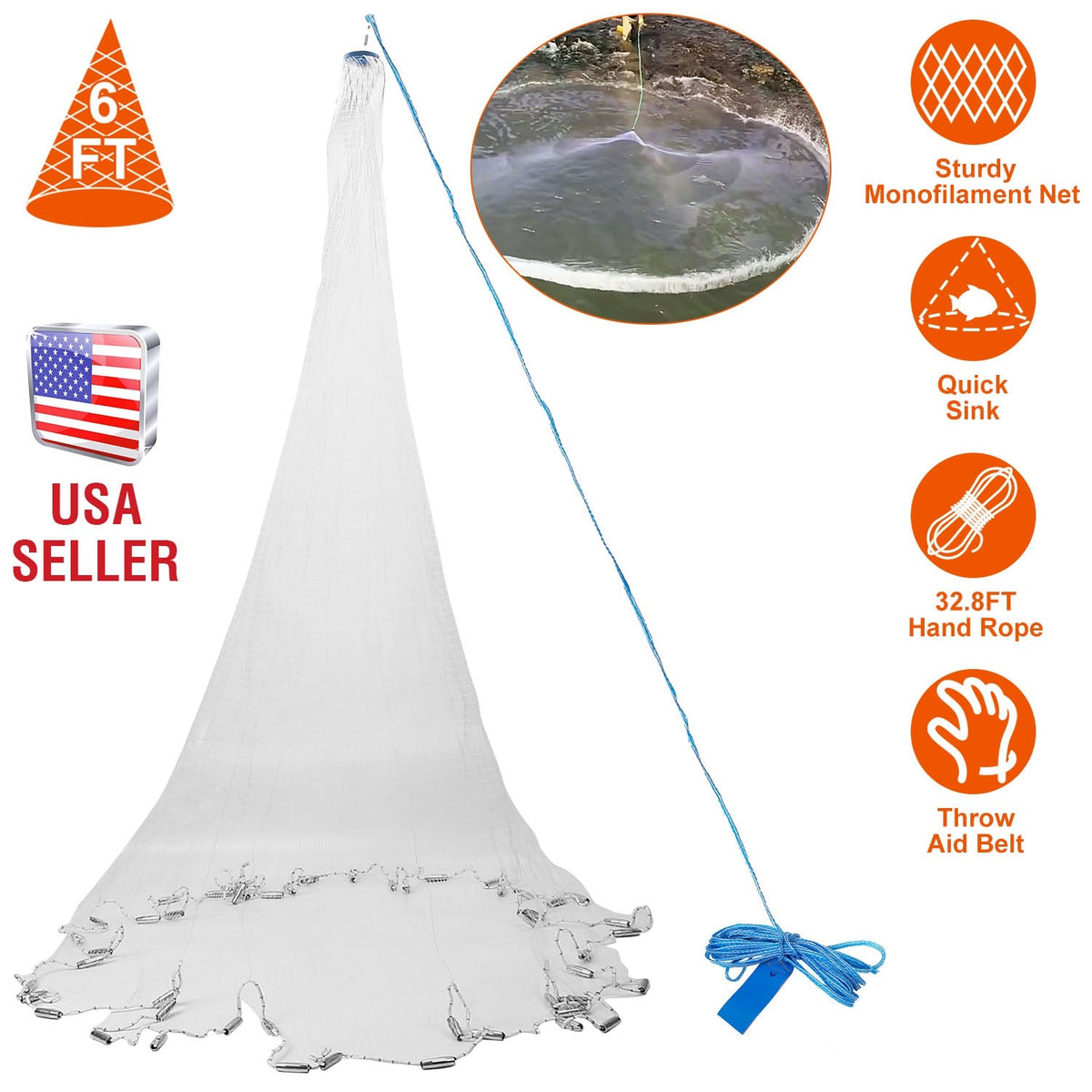 6ft Radius Fishing Cast Net Bait Trap Easy Throw Heavy Duty Hand Cast Net with Chain Sinker Bottom Spread